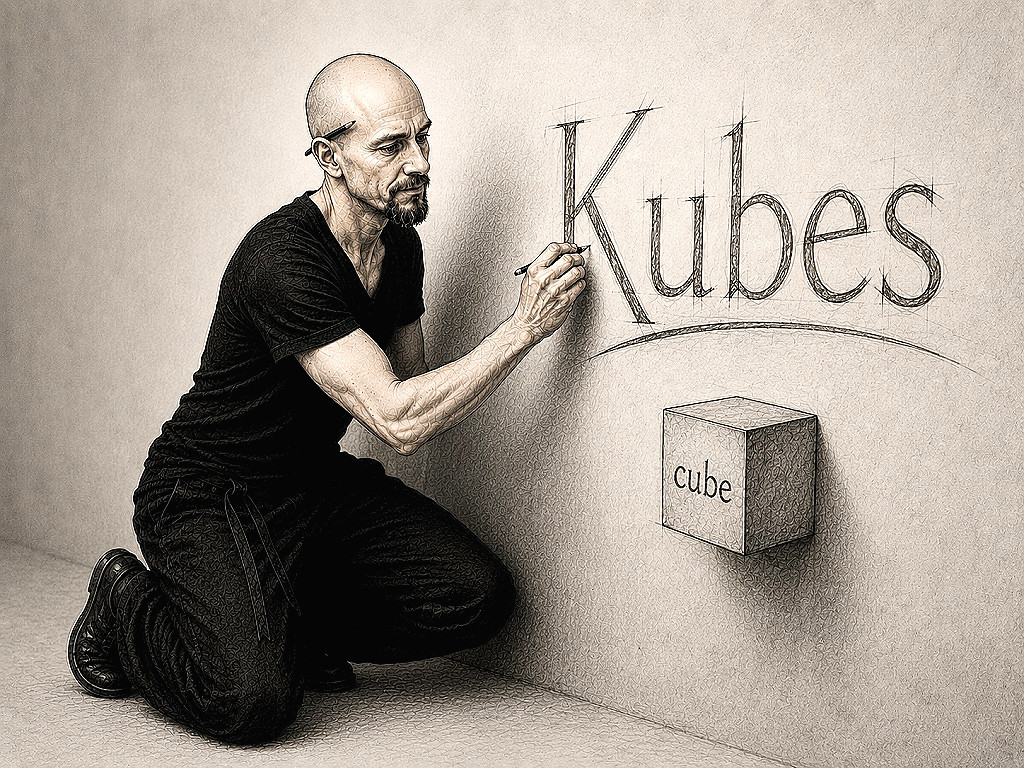 Michael schrijft Kubes op de muur met kubes en woord op muur geplakt