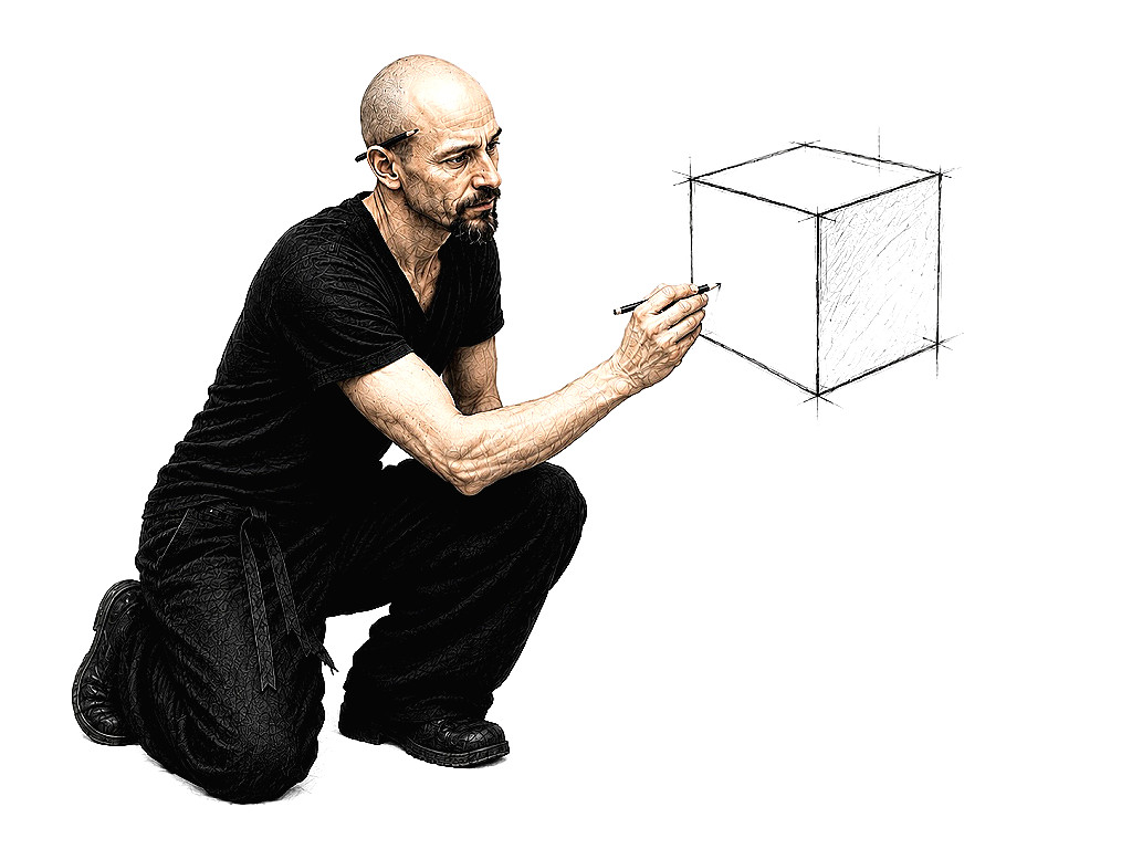 Michael tekent cubes op een muur zonder achtergrond