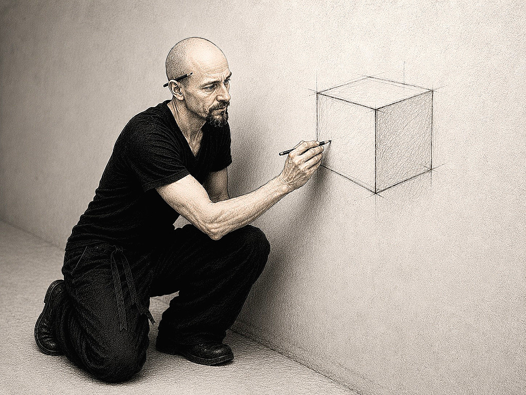 Michael tekent een cubes op de muur