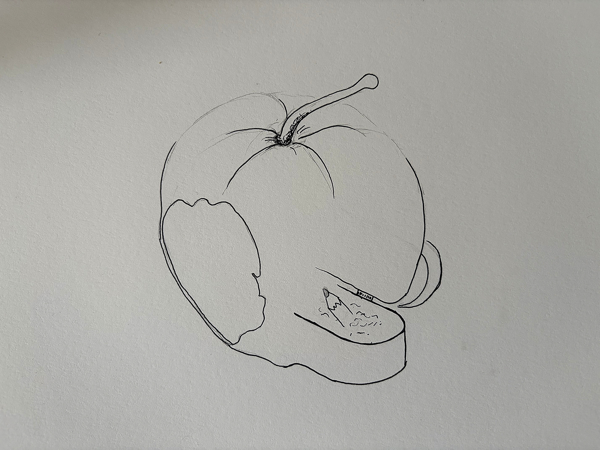 Black line drawing on paper of an apple with a missing section, merging at the lower right with an open box containing…