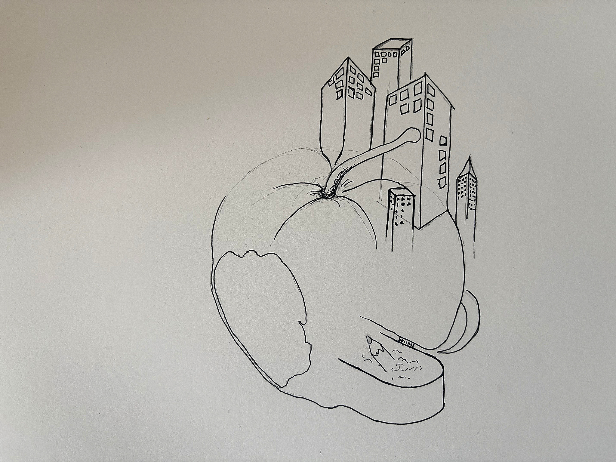 Black line drawing on paper of an apple merging with an open box, with a cluster of miniature buildings rising from the…