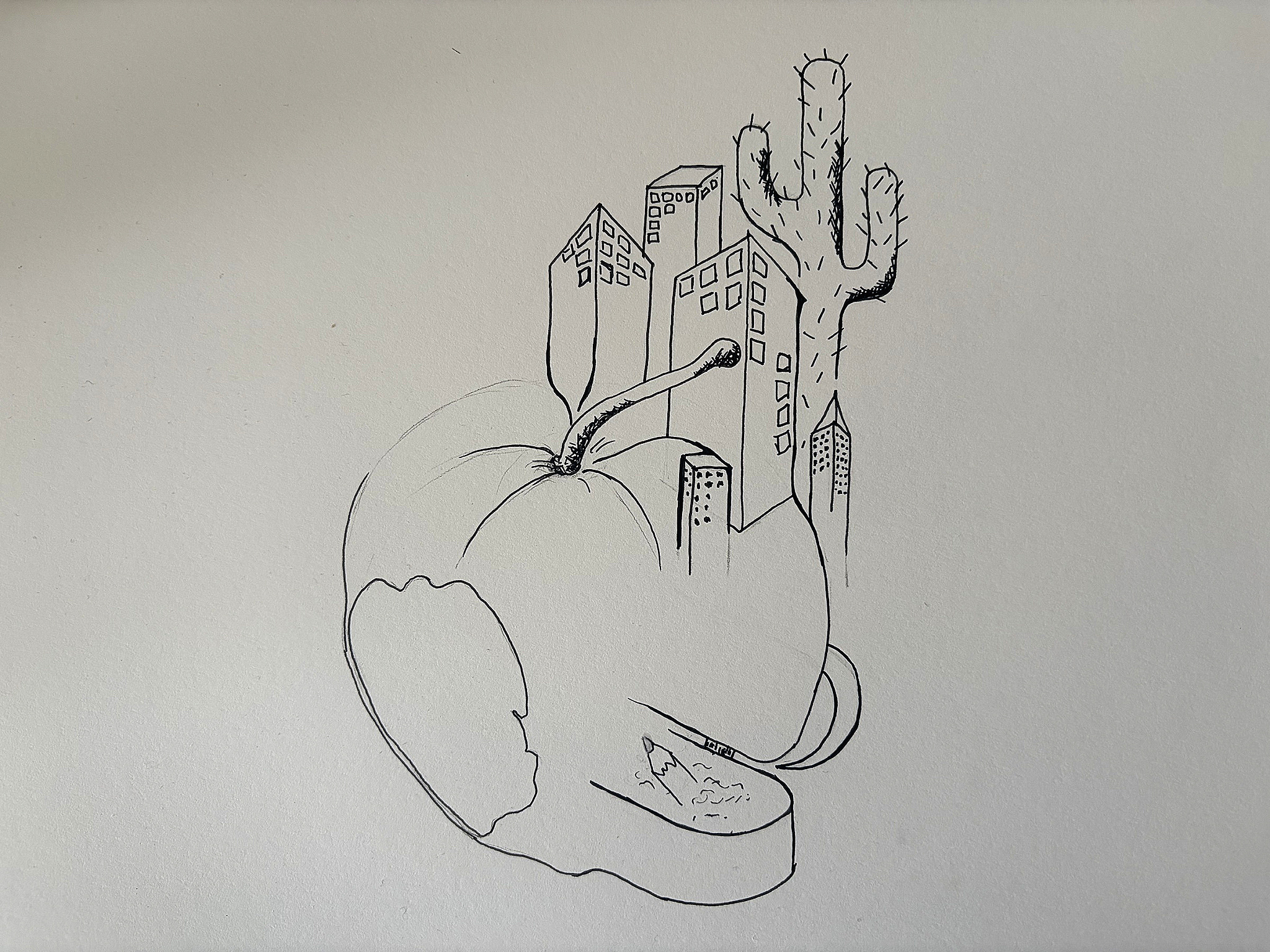 Black line drawing on paper of an apple merging with an open box, with small buildings growing from the apple and a tal…